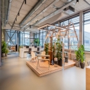 Working space within the background a meeting room with oval glass