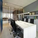 Wood construction on the glass of a office partition