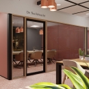 Double glass partition with wood finish and framed door.