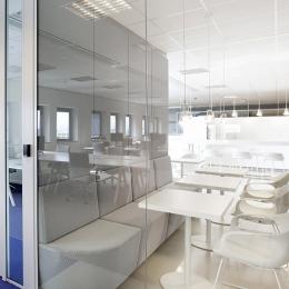 Seamless joined glass panels of a partitions wall