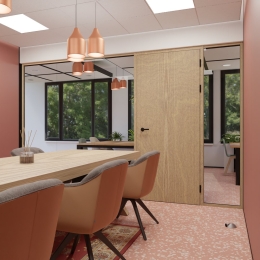 Single glass partition with wood and HPL door