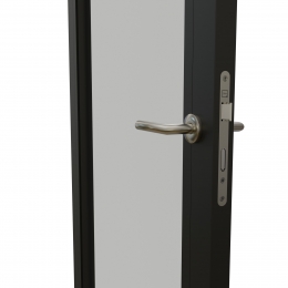KDD aluminum framed glass door, lock side.